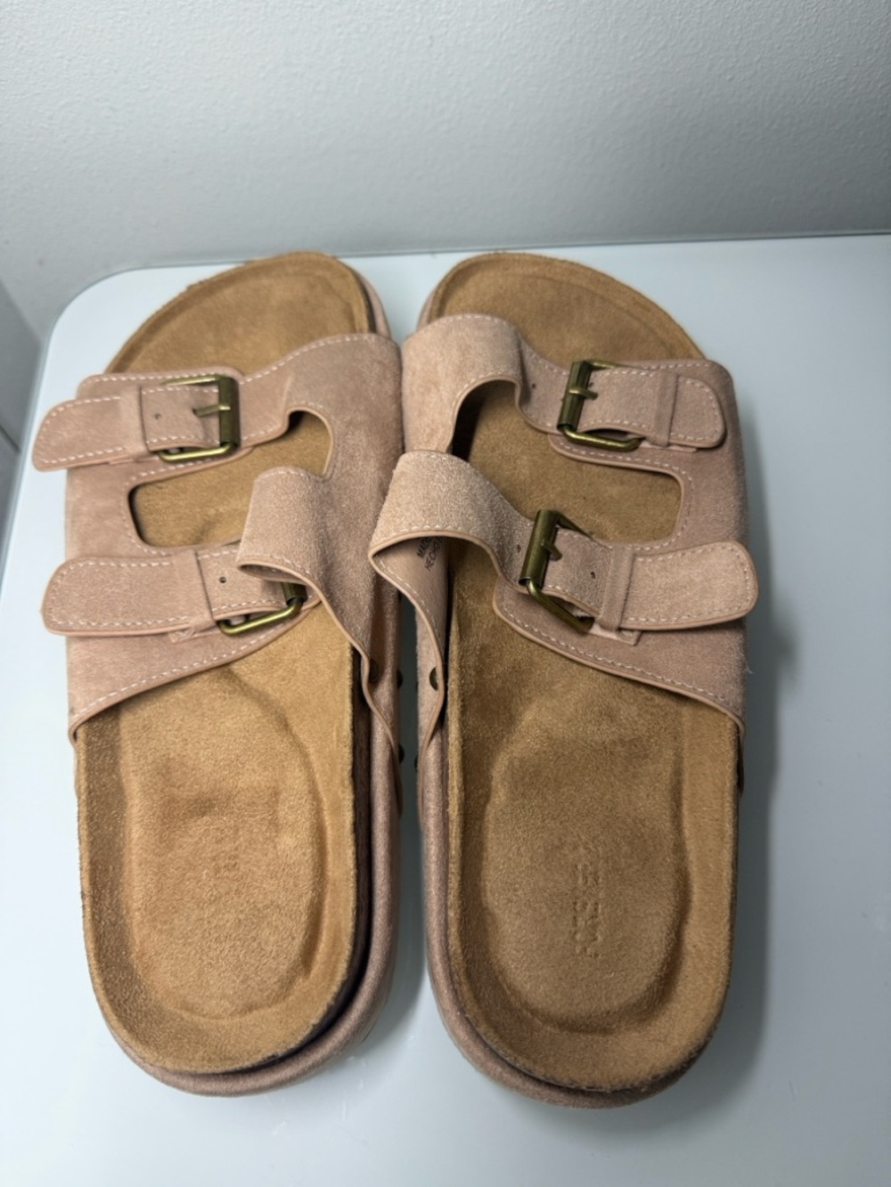 Pink Suede Double-Buckle Platform Sandals - Picture 3 of 5
